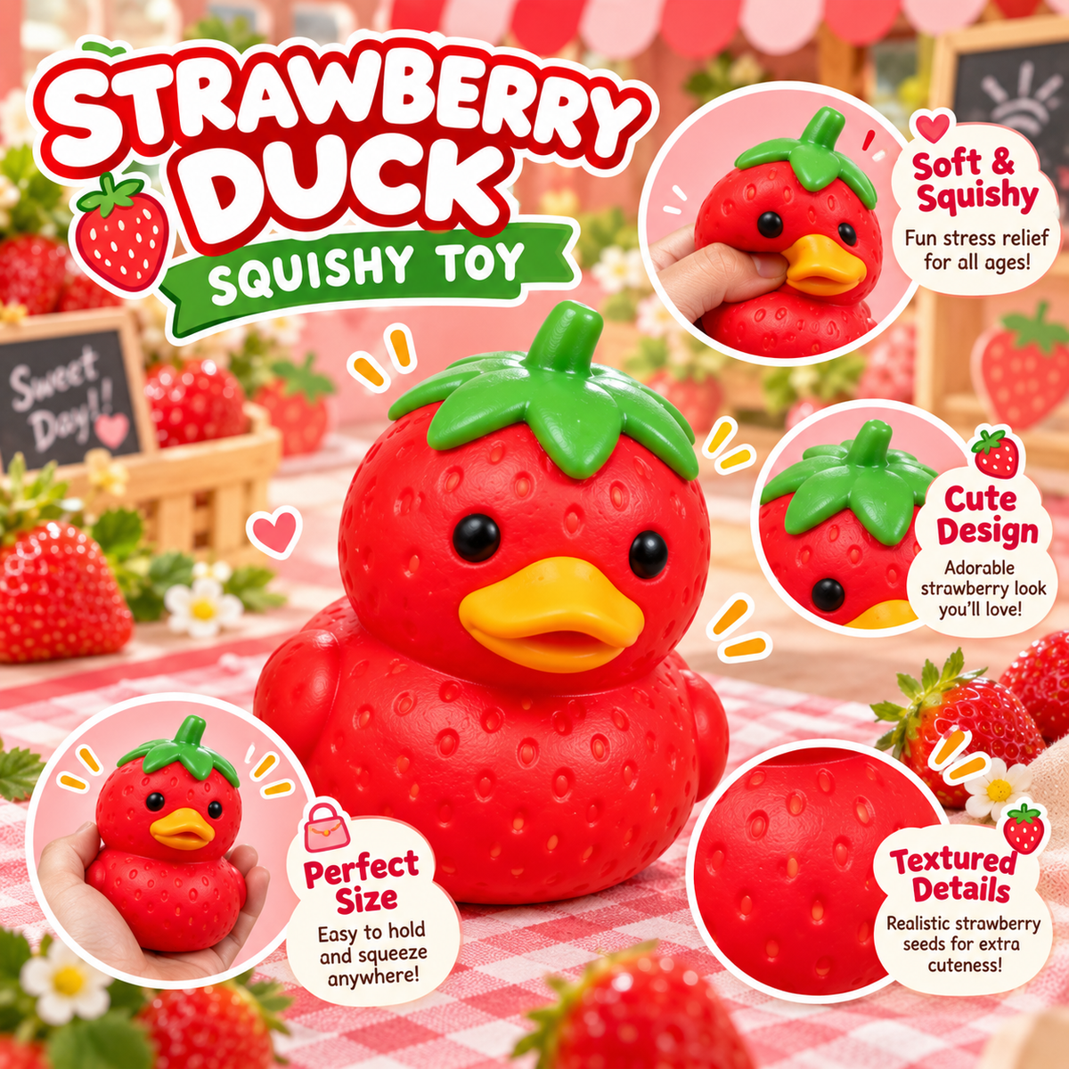 Strawberry Duck Squishy Squeeze Toy