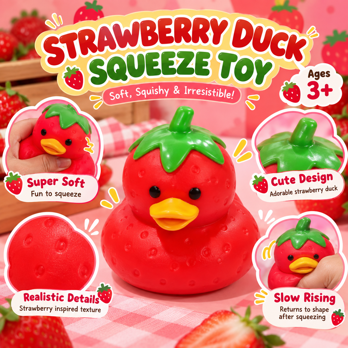 Strawberry Duck Squishy Squeeze Toy