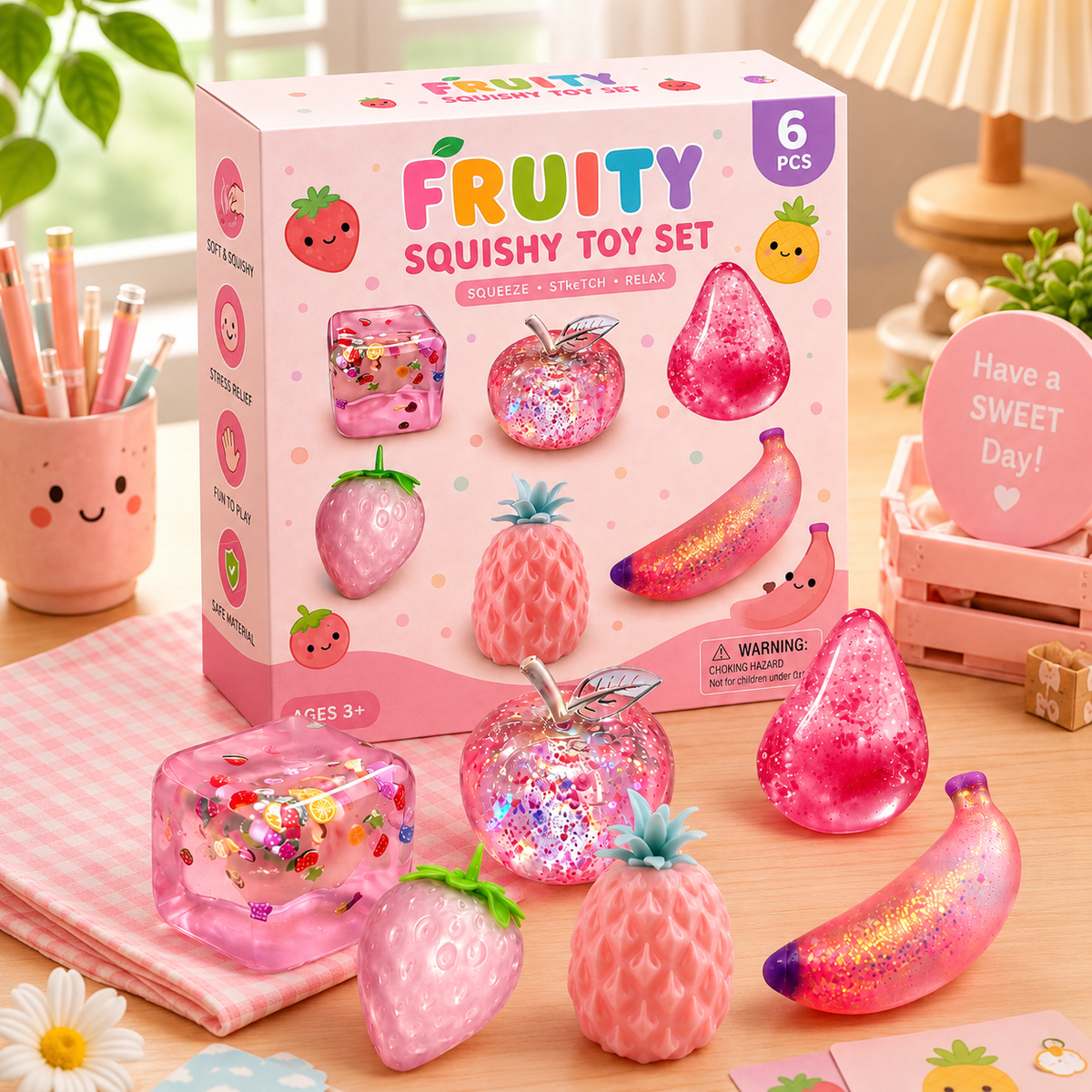 Pink Fruit Sensory Squishy Toy Set