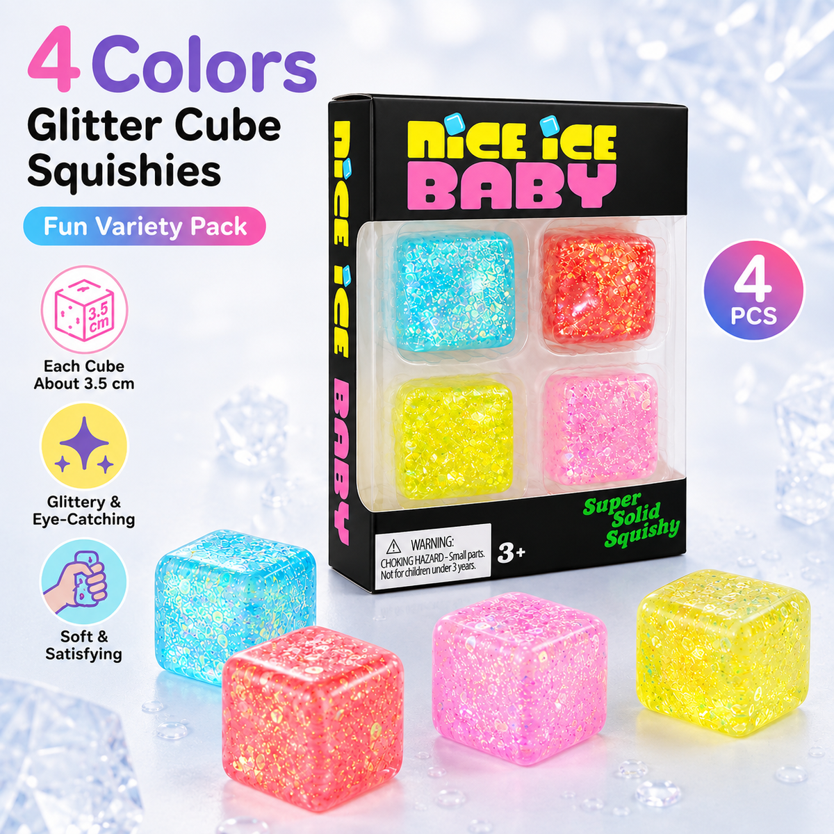 Glitter Squishy Nice Cube 4 Pack Set