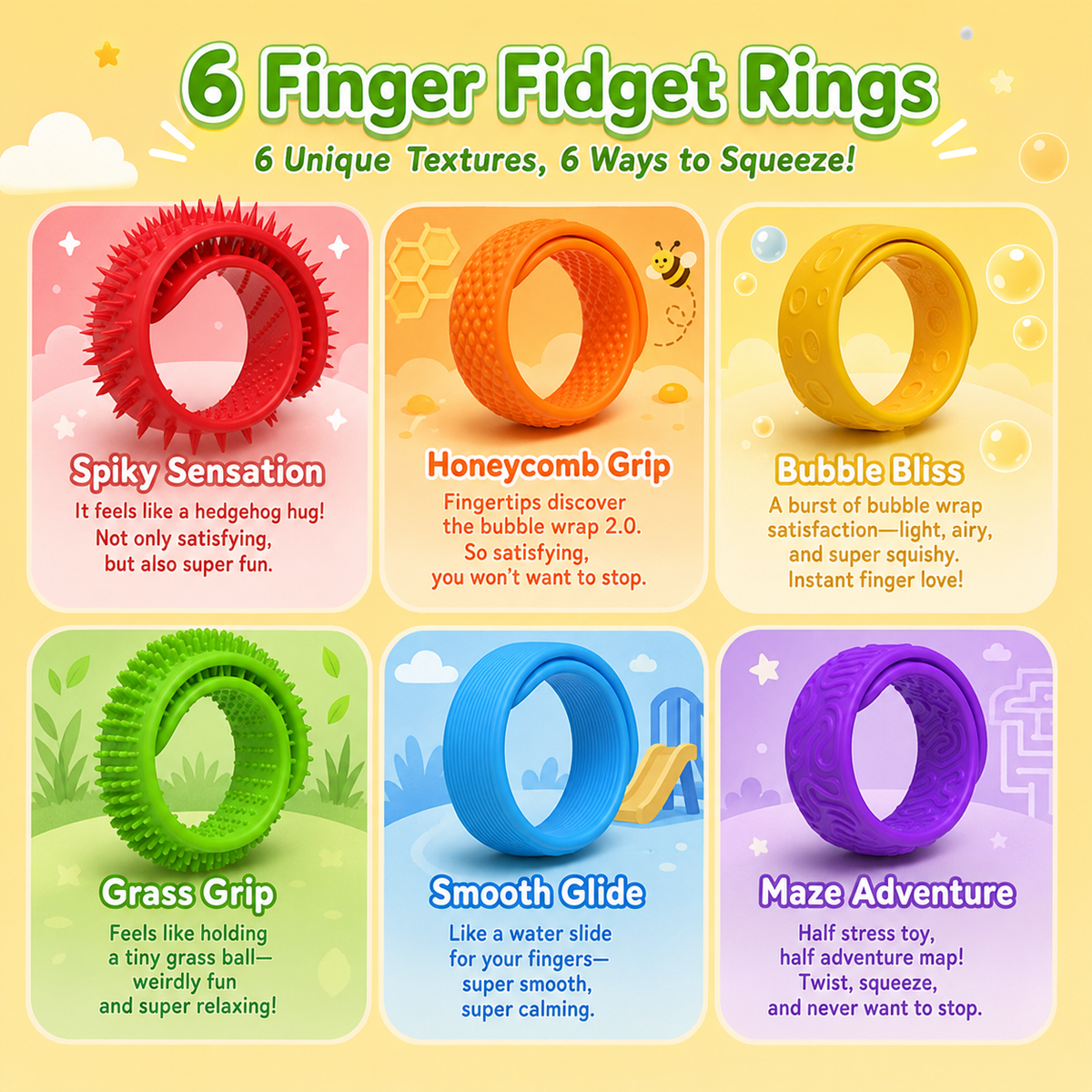 Textured Fidget Wristbands – 6 Pack