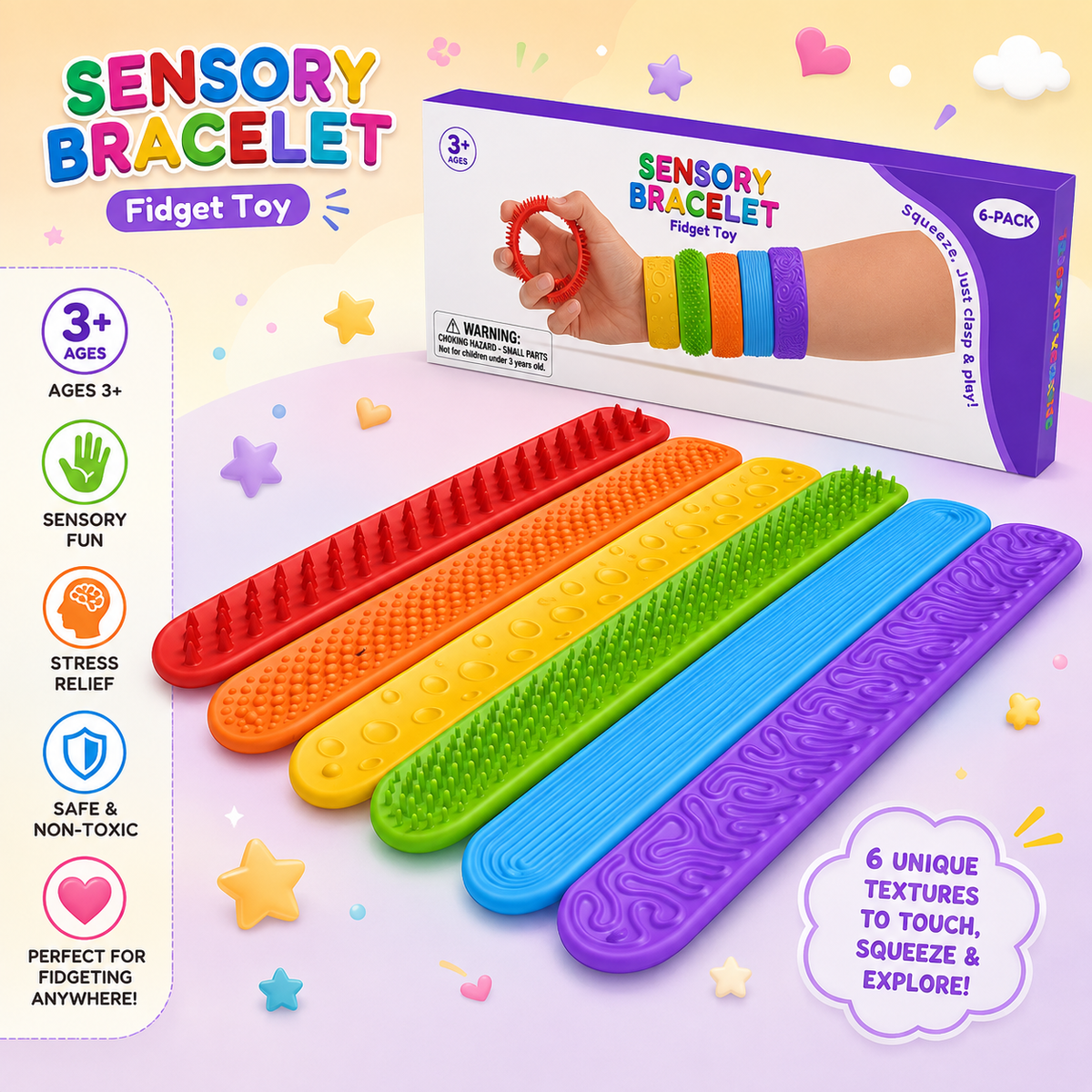 Textured Fidget Wristbands – 6 Pack