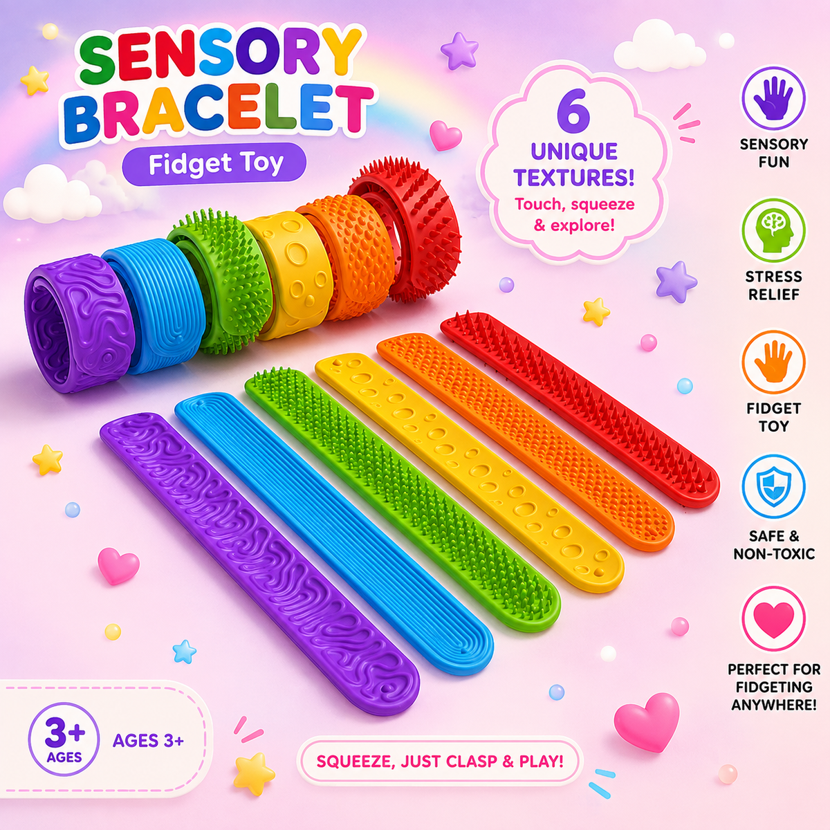 Textured Fidget Wristbands – 6 Pack