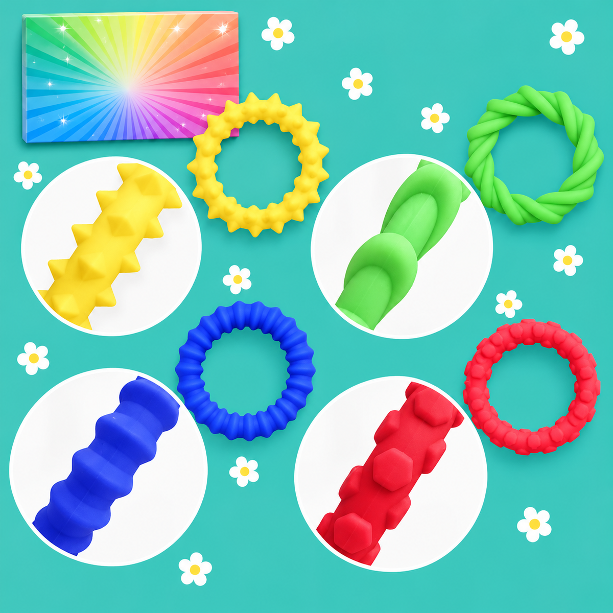Textured Sensory Fidget Rings – 4-Piece Colorful Toy Set